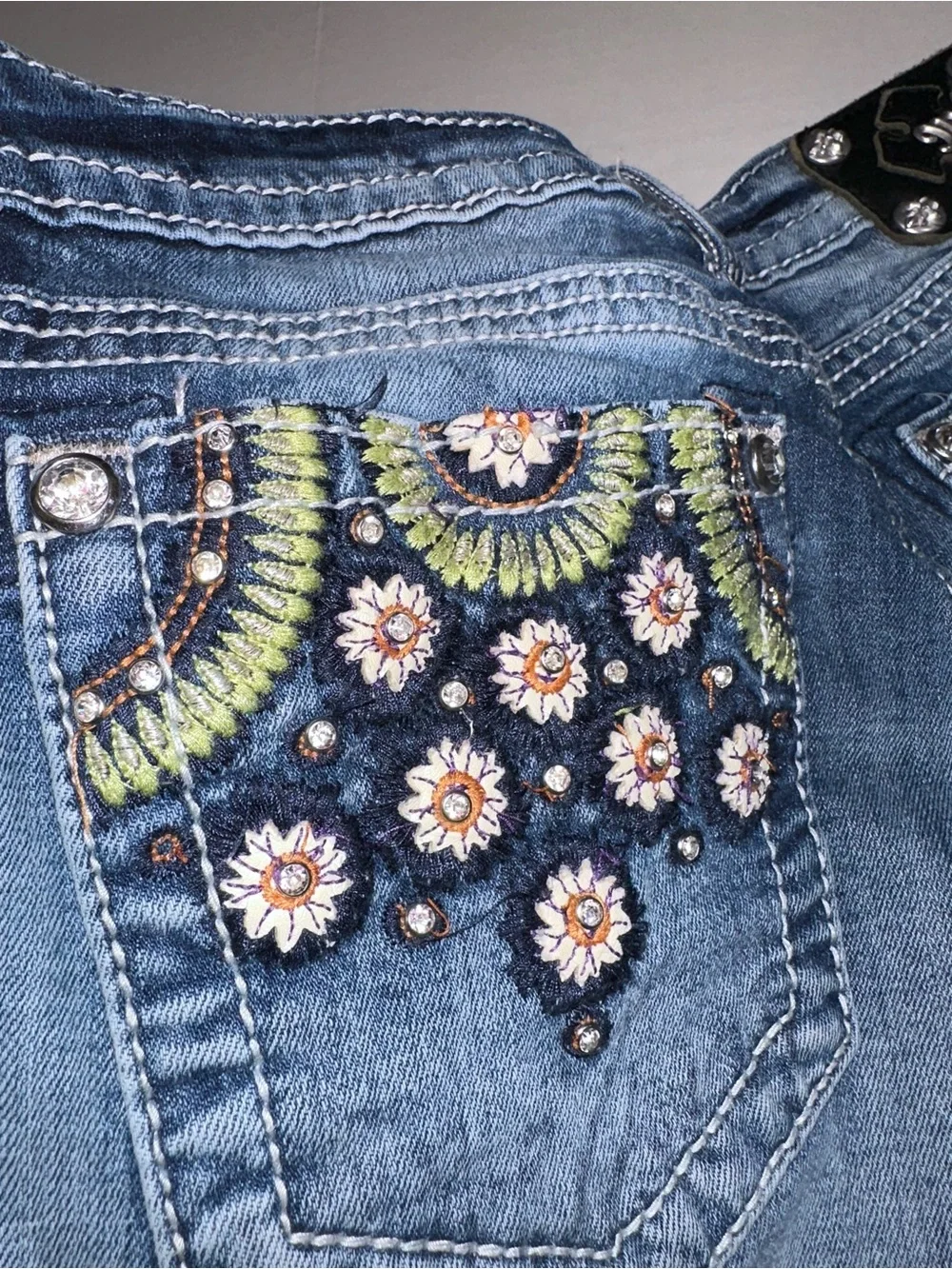 Miss Me Low Rise Distressed Size 30 Denim Shorts Embroidered Bling Pockets Y2K